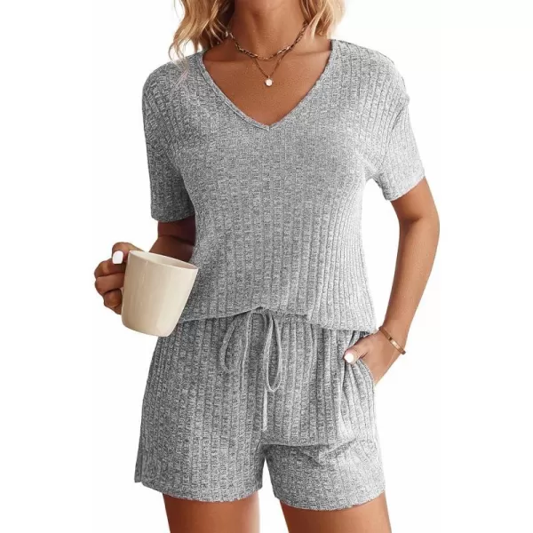 Ekouaer Womens Ribbed Knit Lounge Set Short Sleeve Top and Shorts Sleepwear Pajama Set Two Piece Matching Outfits SetLight Gray