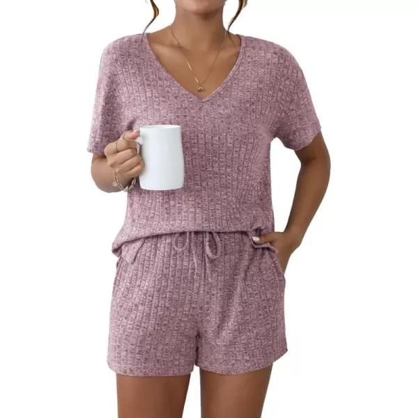 Ekouaer Womens Ribbed Knit Lounge Set Short Sleeve Top and Shorts Sleepwear Pajama Set Two Piece Matching Outfits SetLilac