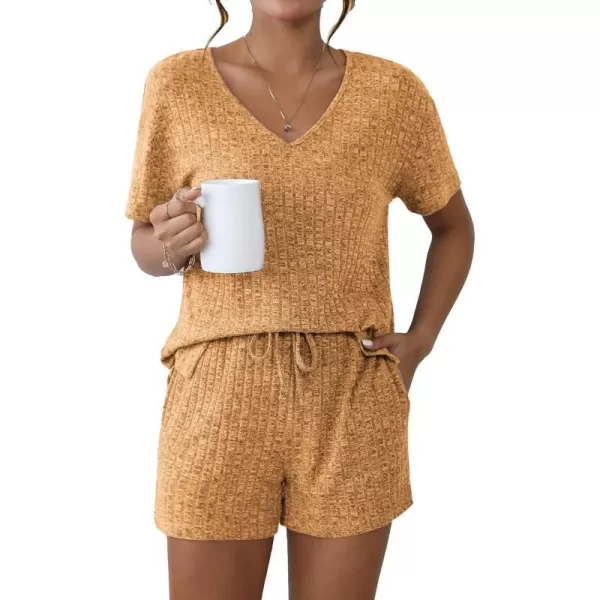 Ekouaer Womens Ribbed Knit Lounge Set Short Sleeve Top and Shorts Sleepwear Pajama Set Two Piece Matching Outfits SetOrange