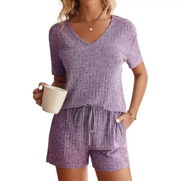 Ekouaer Womens Ribbed Knit Lounge Set Short Sleeve Top and Shorts Sleepwear Pajama Set Two Piece Matching Outfits SetPurple