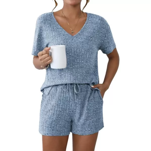 Ekouaer Womens Ribbed Knit Lounge Set Short Sleeve Top and Shorts Sleepwear Pajama Set Two Piece Matching Outfits SetRoyal Blue