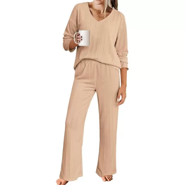 Ekouaer Womens Ribbed Knit Pajamas Set V Neck Long Sleeve Pj Set Matching Outfits Top and Pant Loungewear Casual SweatsuitsChampagne