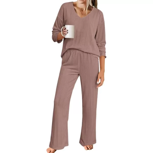 Ekouaer Womens Ribbed Knit Pajamas Set V Neck Long Sleeve Pj Set Matching Outfits Top and Pant Loungewear Casual SweatsuitsGrey Purple