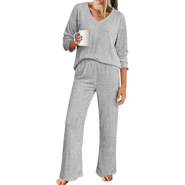 Ekouaer Womens Ribbed Knit Pajamas Set V Neck Long Sleeve Pj Set Matching Outfits Top and Pant Loungewear Casual SweatsuitsLight Grey