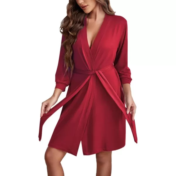 Ekouaer Womens Robe Lightweight 34 Sleeve Knit Bathrobe Soft Knee Length Sleepwear Robes with Pockets SXXLWine Red