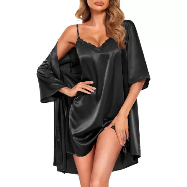 Ekouaer Womens Satin Kimono Robes for Bridesmaids Silk Nightgown and Robes Lace Cami Sleepwear with Robe01 Black