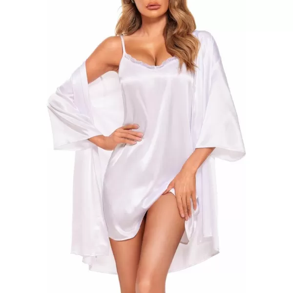 Ekouaer Womens Satin Kimono Robes for Bridesmaids Silk Nightgown and Robes Lace Cami Sleepwear with Robe03 White