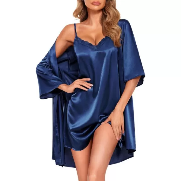 Ekouaer Womens Satin Kimono Robes for Bridesmaids Silk Nightgown and Robes Lace Cami Sleepwear with Robe04 Navy Blue