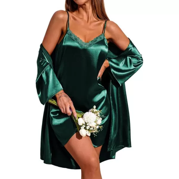 Ekouaer Womens Satin Kimono Robes for Bridesmaids Silk Nightgown and Robes Lace Cami Sleepwear with Robe05 Dark Green