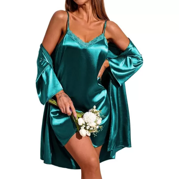 Ekouaer Womens Satin Kimono Robes for Bridesmaids Silk Nightgown and Robes Lace Cami Sleepwear with Robe06 Blue Green