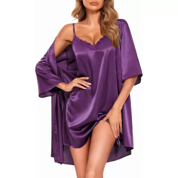 Ekouaer Womens Satin Kimono Robes for Bridesmaids Silk Nightgown and Robes Lace Cami Sleepwear with Robe10 Purple