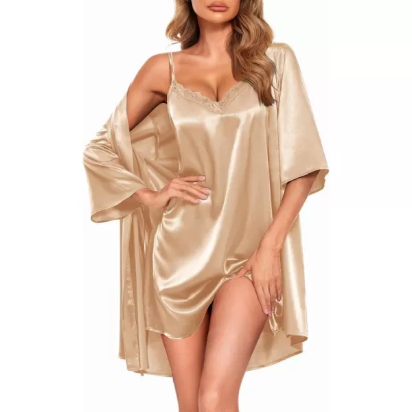 Ekouaer Womens Satin Kimono Robes for Bridesmaids Silk Nightgown and Robes Lace Cami Sleepwear with Robe11 Beige