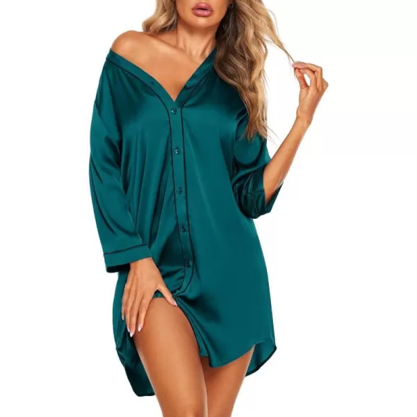 Ekouaer Womens Satin Nightgown Button Down Sleep Shirt 34 Sleeve VNeck Nightshirt Boyfriend SleepwearDark Green