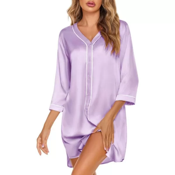 Ekouaer Womens Satin Nightgown Button Down Sleep Shirt 34 Sleeve VNeck Nightshirt Boyfriend SleepwearLavender