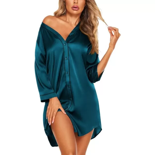 Ekouaer Womens Satin Nightgown Button Down Sleep Shirt 34 Sleeve VNeck Nightshirt Boyfriend SleepwearPeacock Blue