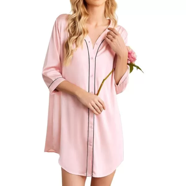 Ekouaer Womens Satin Nightgown Button Down Sleep Shirt 34 Sleeve VNeck Nightshirt Boyfriend SleepwearPink