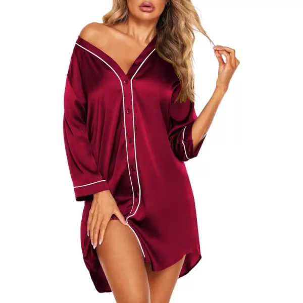 Ekouaer Womens Satin Nightgown Button Down Sleep Shirt 34 Sleeve VNeck Nightshirt Boyfriend SleepwearWine Red