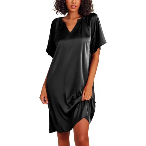 Ekouaer Womens Satin Nightgown Short Sleeve Silk Sleepshirt V Neck Sleepwear Boyfriend Loose NightshirtBlack