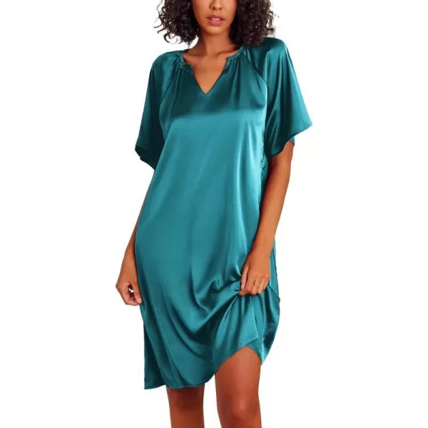 Ekouaer Womens Satin Nightgown Short Sleeve Silk Sleepshirt V Neck Sleepwear Boyfriend Loose NightshirtBlue Green