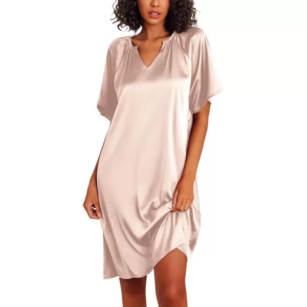 Ekouaer Womens Satin Nightgown Short Sleeve Silk Sleepshirt V Neck Sleepwear Boyfriend Loose NightshirtChampagne