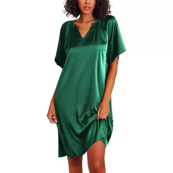 Ekouaer Womens Satin Nightgown Short Sleeve Silk Sleepshirt V Neck Sleepwear Boyfriend Loose NightshirtDark Green