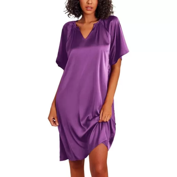 Ekouaer Womens Satin Nightgown Short Sleeve Silk Sleepshirt V Neck Sleepwear Boyfriend Loose NightshirtDark Purple