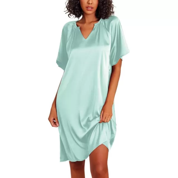 Ekouaer Womens Satin Nightgown Short Sleeve Silk Sleepshirt V Neck Sleepwear Boyfriend Loose NightshirtLight Green