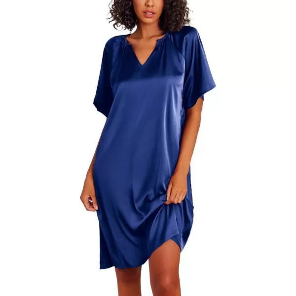 Ekouaer Womens Satin Nightgown Short Sleeve Silk Sleepshirt V Neck Sleepwear Boyfriend Loose NightshirtNavy Blue