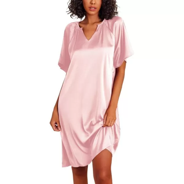 Ekouaer Womens Satin Nightgown Short Sleeve Silk Sleepshirt V Neck Sleepwear Boyfriend Loose NightshirtPink