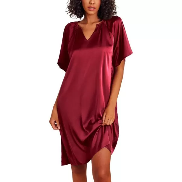 Ekouaer Womens Satin Nightgown Short Sleeve Silk Sleepshirt V Neck Sleepwear Boyfriend Loose NightshirtWine Red