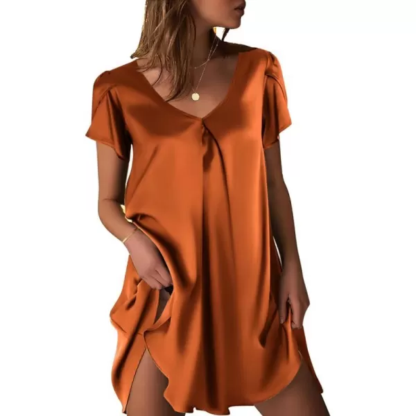 Ekouaer Womens Satin Nightgown Short Sleeve Sleepdress VNeck Sleepwear Loose Silk Sleepshirt S3XLCaramel Colour