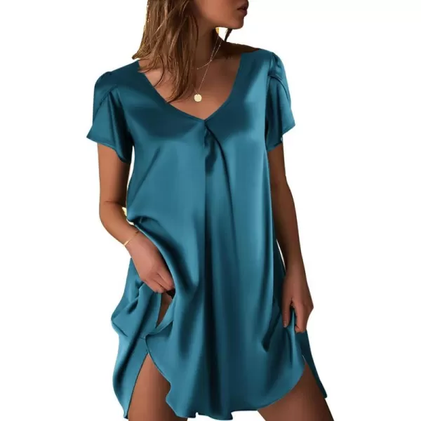 Ekouaer Womens Satin Nightgown Short Sleeve Sleepdress VNeck Sleepwear Loose Silk Sleepshirt S3XLDark Blue