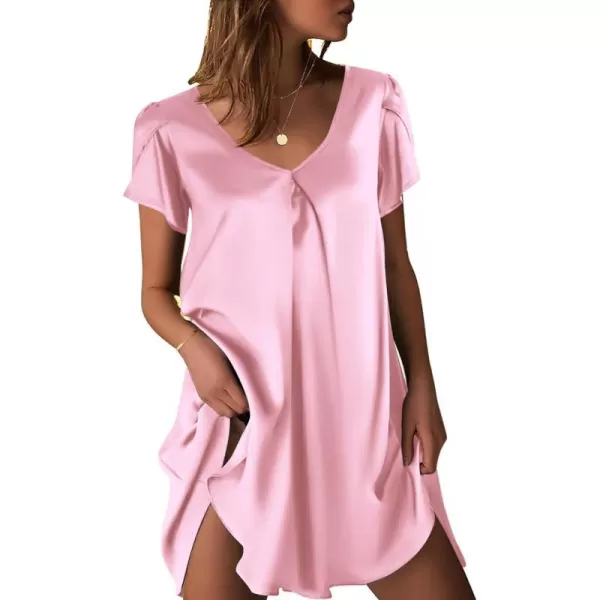 Ekouaer Womens Satin Nightgown Short Sleeve Sleepdress VNeck Sleepwear Loose Silk Sleepshirt S3XLPink