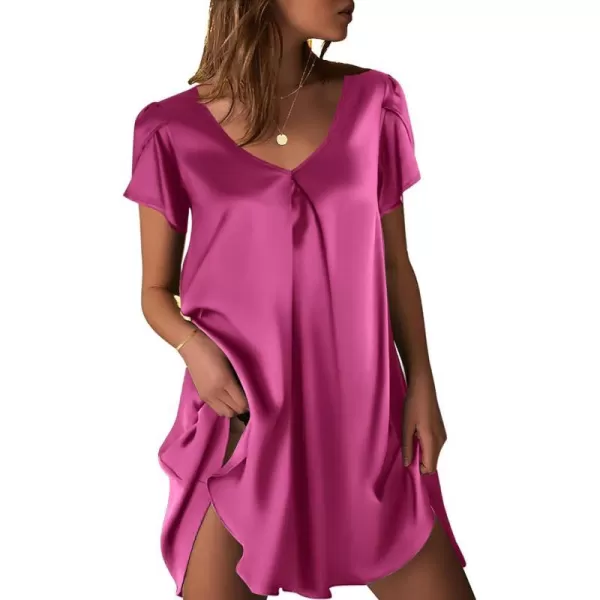 Ekouaer Womens Satin Nightgown Short Sleeve Sleepdress VNeck Sleepwear Loose Silk Sleepshirt S3XLRose Red