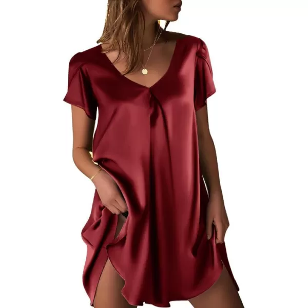 Ekouaer Womens Satin Nightgown Short Sleeve Sleepdress VNeck Sleepwear Loose Silk Sleepshirt S3XLWine Red