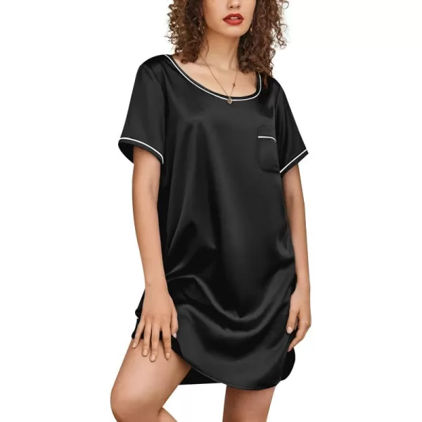 Ekouaer Womens Satin Nightgown Short Sleeve T Shirt Dress Boyfriend Casual Sleep Dress Loose Pajamas Shirt S3XLBlack