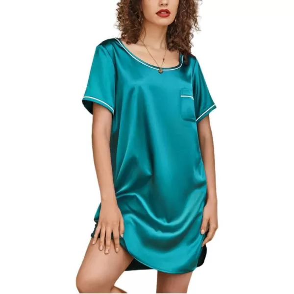 Ekouaer Womens Satin Nightgown Short Sleeve T Shirt Dress Boyfriend Casual Sleep Dress Loose Pajamas Shirt S3XLPeacock Blue