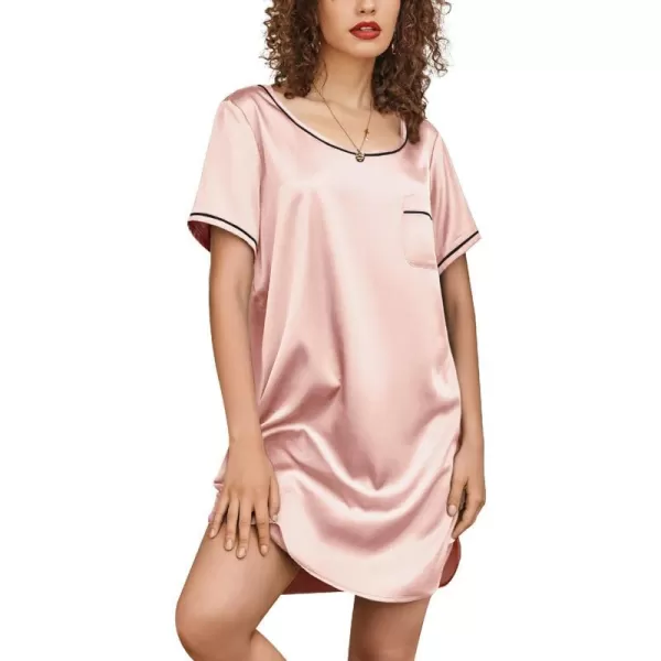 Ekouaer Womens Satin Nightgown Short Sleeve T Shirt Dress Boyfriend Casual Sleep Dress Loose Pajamas Shirt S3XLPink