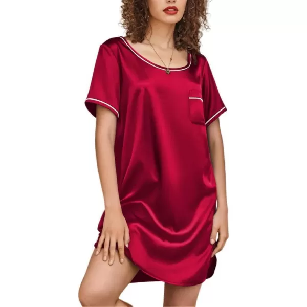 Ekouaer Womens Satin Nightgown Short Sleeve T Shirt Dress Boyfriend Casual Sleep Dress Loose Pajamas Shirt S3XLRed