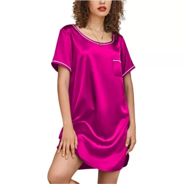 Ekouaer Womens Satin Nightgown Short Sleeve T Shirt Dress Boyfriend Casual Sleep Dress Loose Pajamas Shirt S3XLRose Red