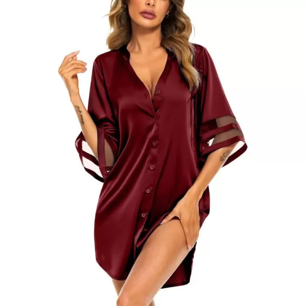 Ekouaer Womens Satin Nightgown Silk Pajamas Button Down Sleepshirt Sexy Boyfriend Night Shirts 34 Sleeve SXXL03 Wine Red