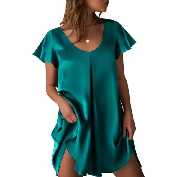 Ekouaer Womens Satin Nightgown V Neck Silk Sleepshirt Short Flare Sleeve Sleepwear Pleated NightshirtBlue Green