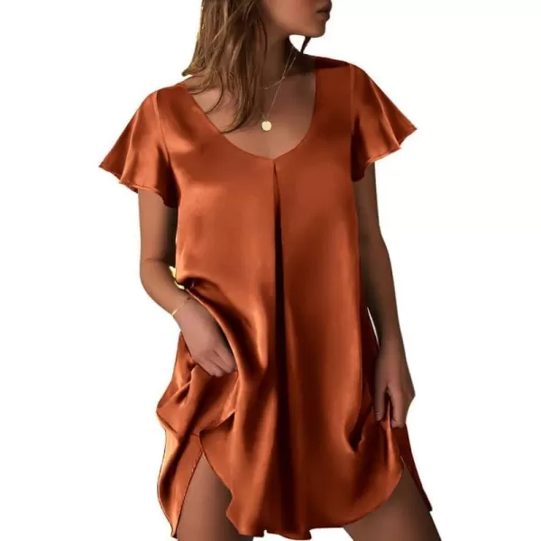 Ekouaer Womens Satin Nightgown V Neck Silk Sleepshirt Short Flare Sleeve Sleepwear Pleated NightshirtCaramel