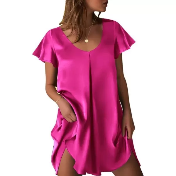 Ekouaer Womens Satin Nightgown V Neck Silk Sleepshirt Short Flare Sleeve Sleepwear Pleated NightshirtRose Red