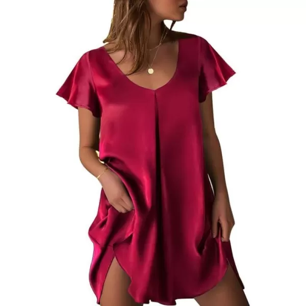 Ekouaer Womens Satin Nightgown V Neck Silk Sleepshirt Short Flare Sleeve Sleepwear Pleated NightshirtWine Red