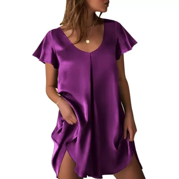 Ekouaer Womens Satin Nightgown V Neck Silk Sleepshirt Short Flare Sleeve Sleepwear Pleated NightshirtWineberry