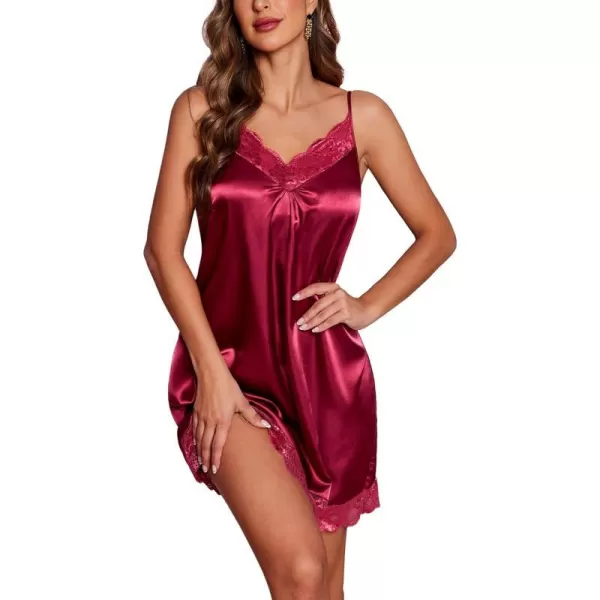 Ekouaer Womens Satin Nightgown Vneck Lace Chemise Sleepwear Soft Lingerie for Women SXXLSwine Red