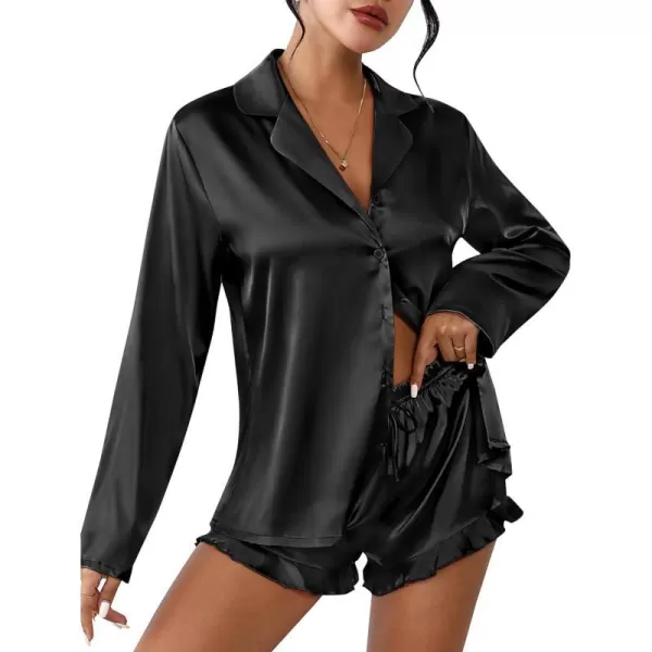 Ekouaer Womens Satin Pajama Sets Long Sleeve Top and Shorts Lounge Set Button Down Sleepwear SXXLBlack