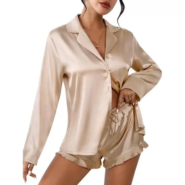 Ekouaer Womens Satin Pajama Sets Long Sleeve Top and Shorts Lounge Set Button Down Sleepwear SXXLChampagne