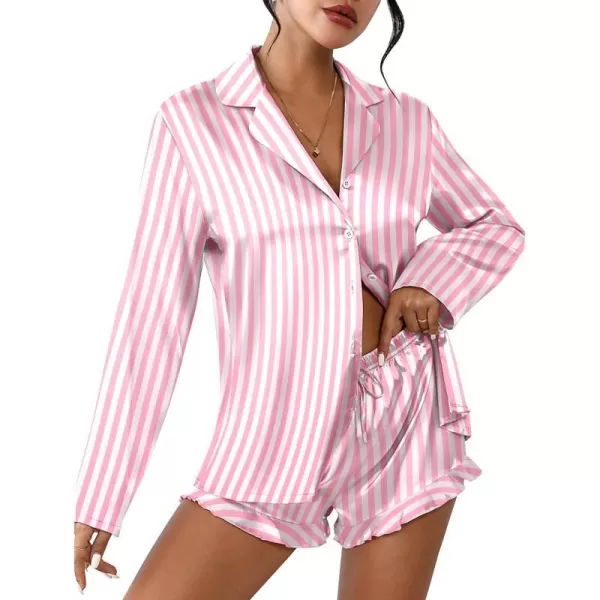 Ekouaer Womens Satin Pajama Sets Long Sleeve Top and Shorts Lounge Set Button Down Sleepwear SXXLPat2pink Striped